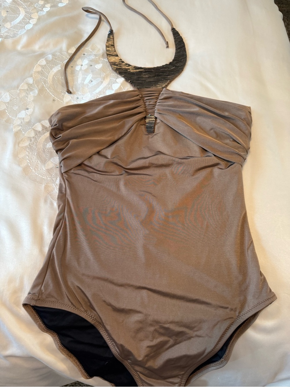 La Perla Taupe One-Piece Swimsuit with Metallic Neck Detail sz 6